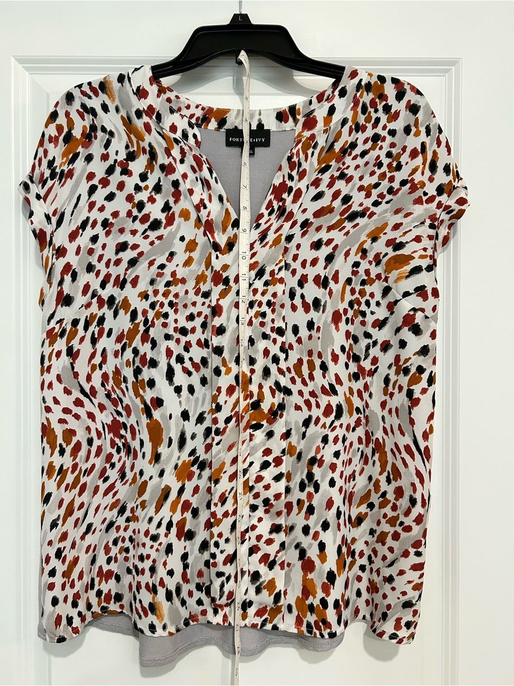 Fortune + Ivy Women’s Abstract Print Mixed Media Short Sleeve Blouse